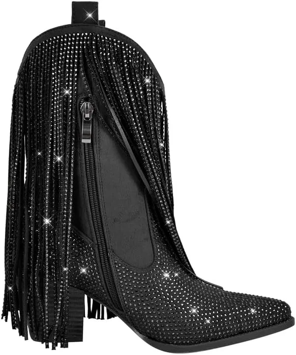 sexytag Fringe Boots Rhinestone Cowgirl Cowboy Boots for Women Wide Calf Tassal Western Ankle Short Booties