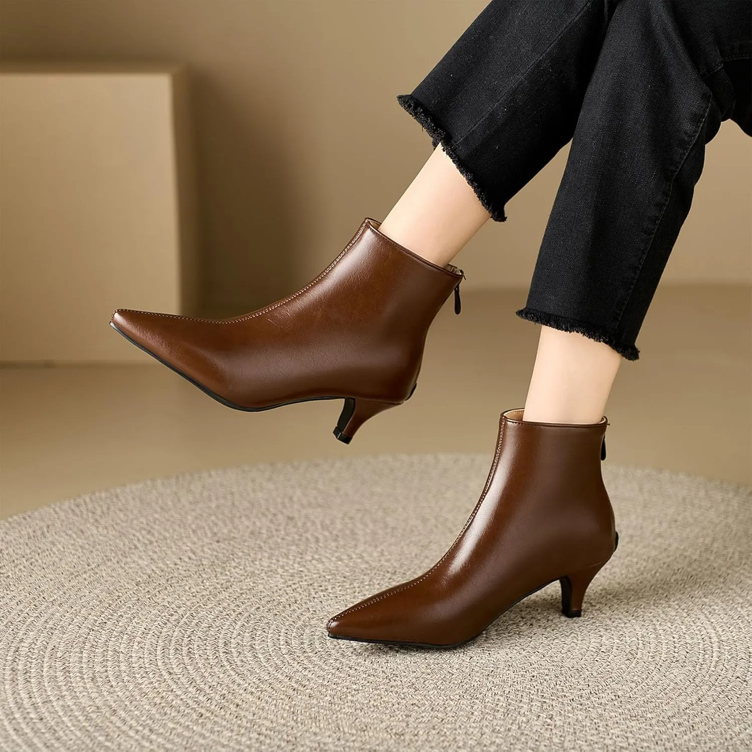 SHEMEE Fashion Womens Kitten Heels Ankle Boots Sexy Pointy Toe Booties Mid Heels Zipper Work Party Dress Shoes