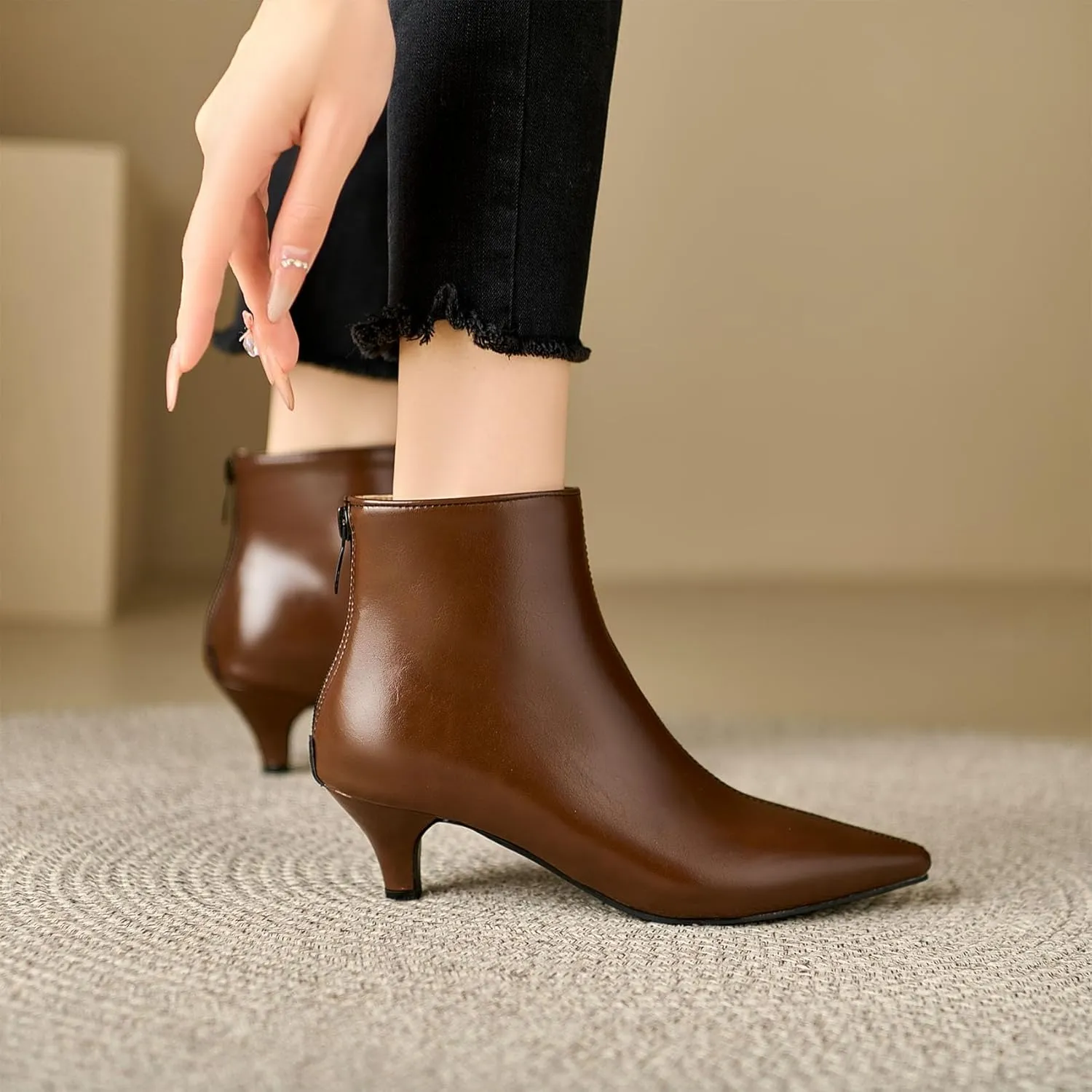 SHEMEE Fashion Womens Kitten Heels Ankle Boots Sexy Pointy Toe Booties Mid Heels Zipper Work Party Dress Shoes