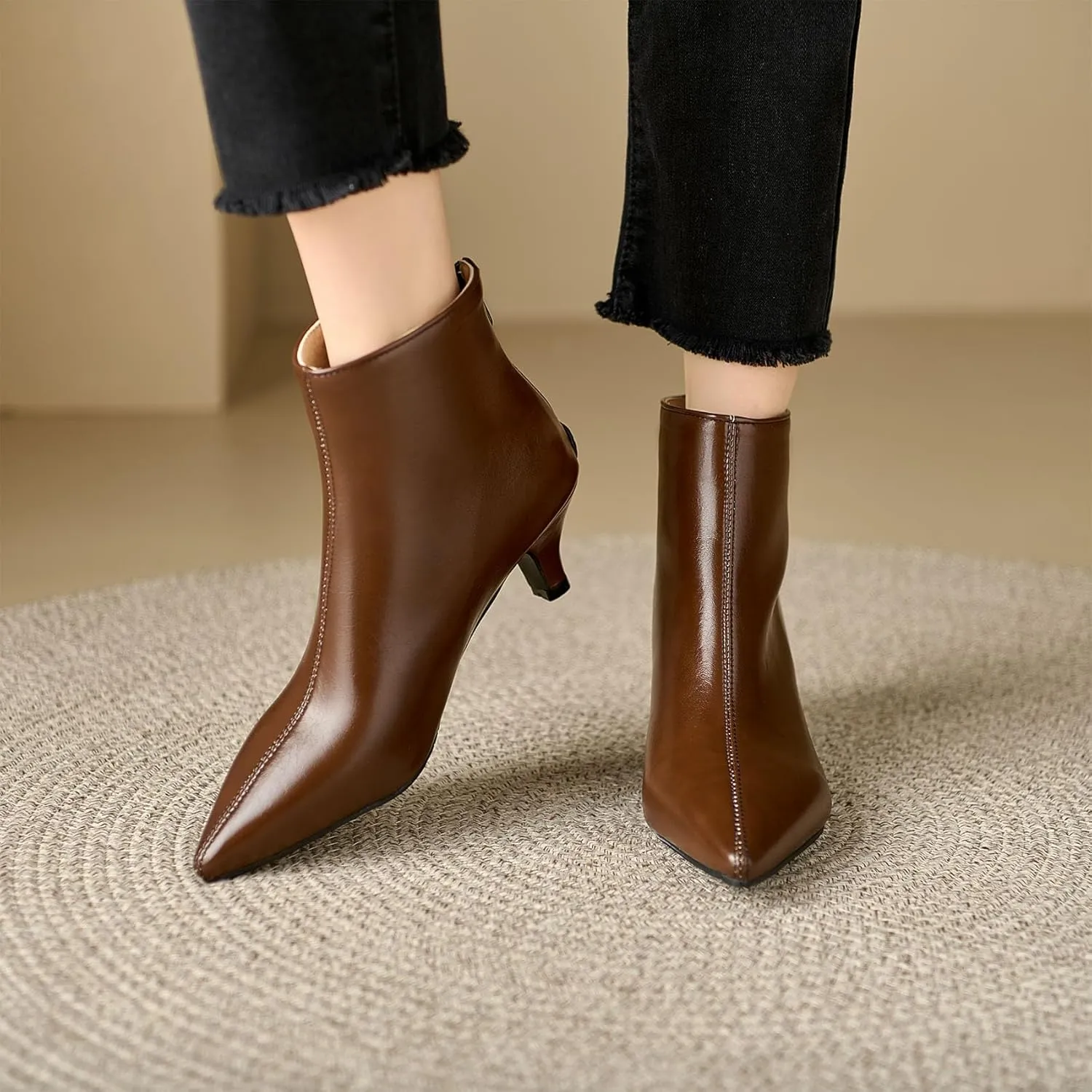 SHEMEE Fashion Womens Kitten Heels Ankle Boots Sexy Pointy Toe Booties Mid Heels Zipper Work Party Dress Shoes