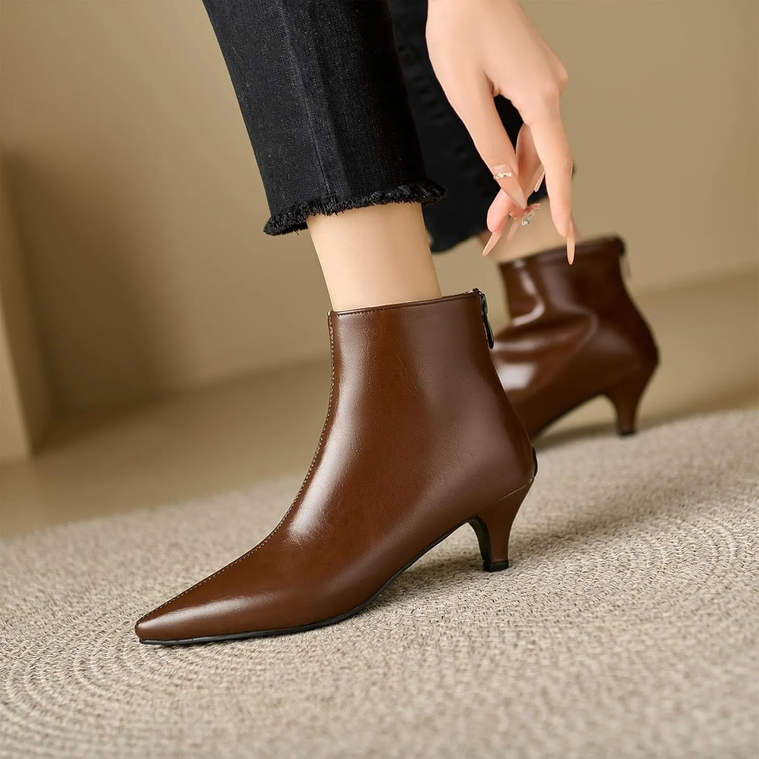 SHEMEE Fashion Womens Kitten Heels Ankle Boots Sexy Pointy Toe Booties Mid Heels Zipper Work Party Dress Shoes