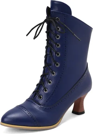 SHEMEE Kitten Heels Ankle Boots for Women Vintage Victorian Style Lace-Up Booties Mid Heels Zipper Shoes with Buckled