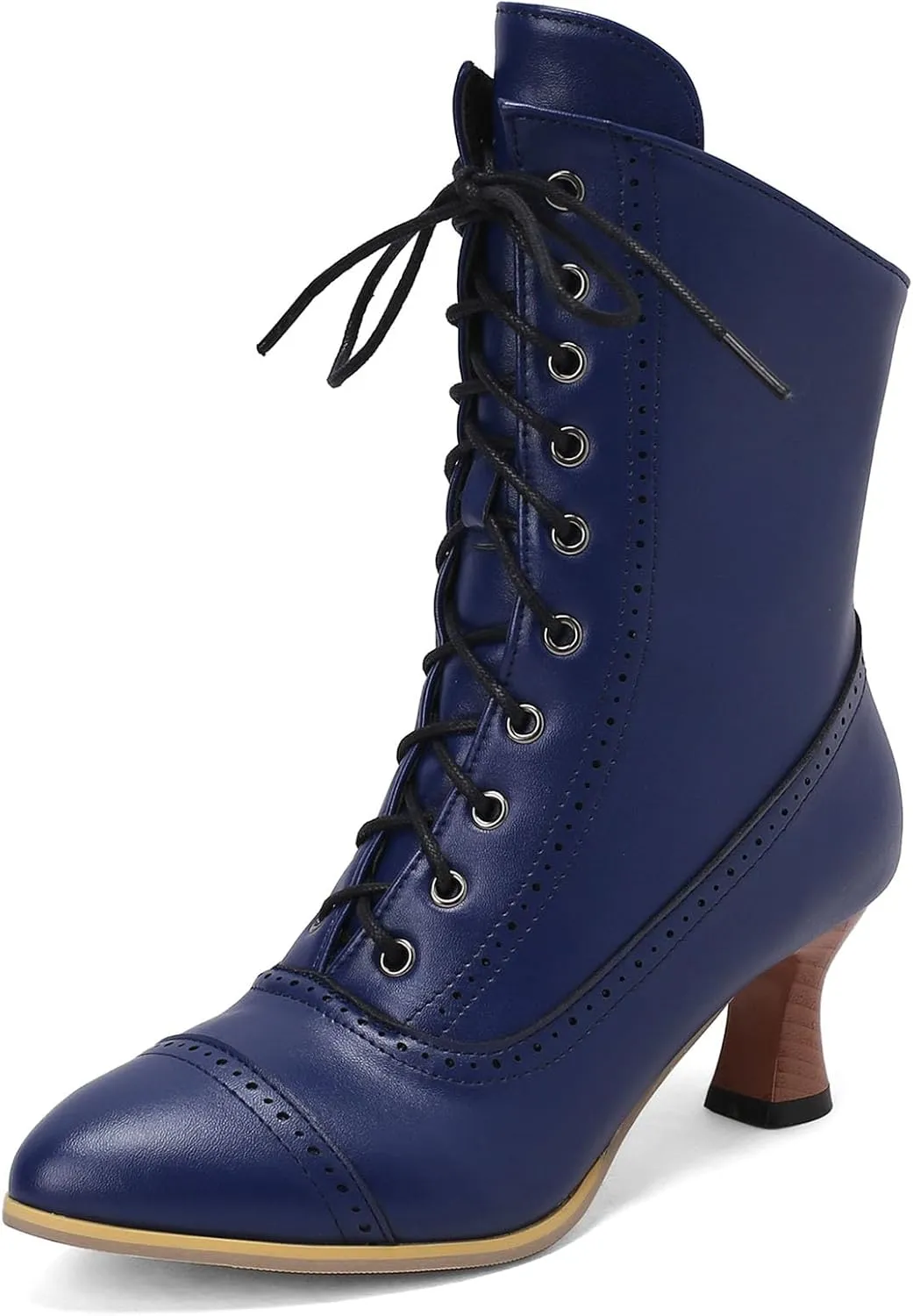 SHEMEE Kitten Heels Ankle Boots for Women Vintage Victorian Style Lace-Up Booties Mid Heels Zipper Shoes with Buckled