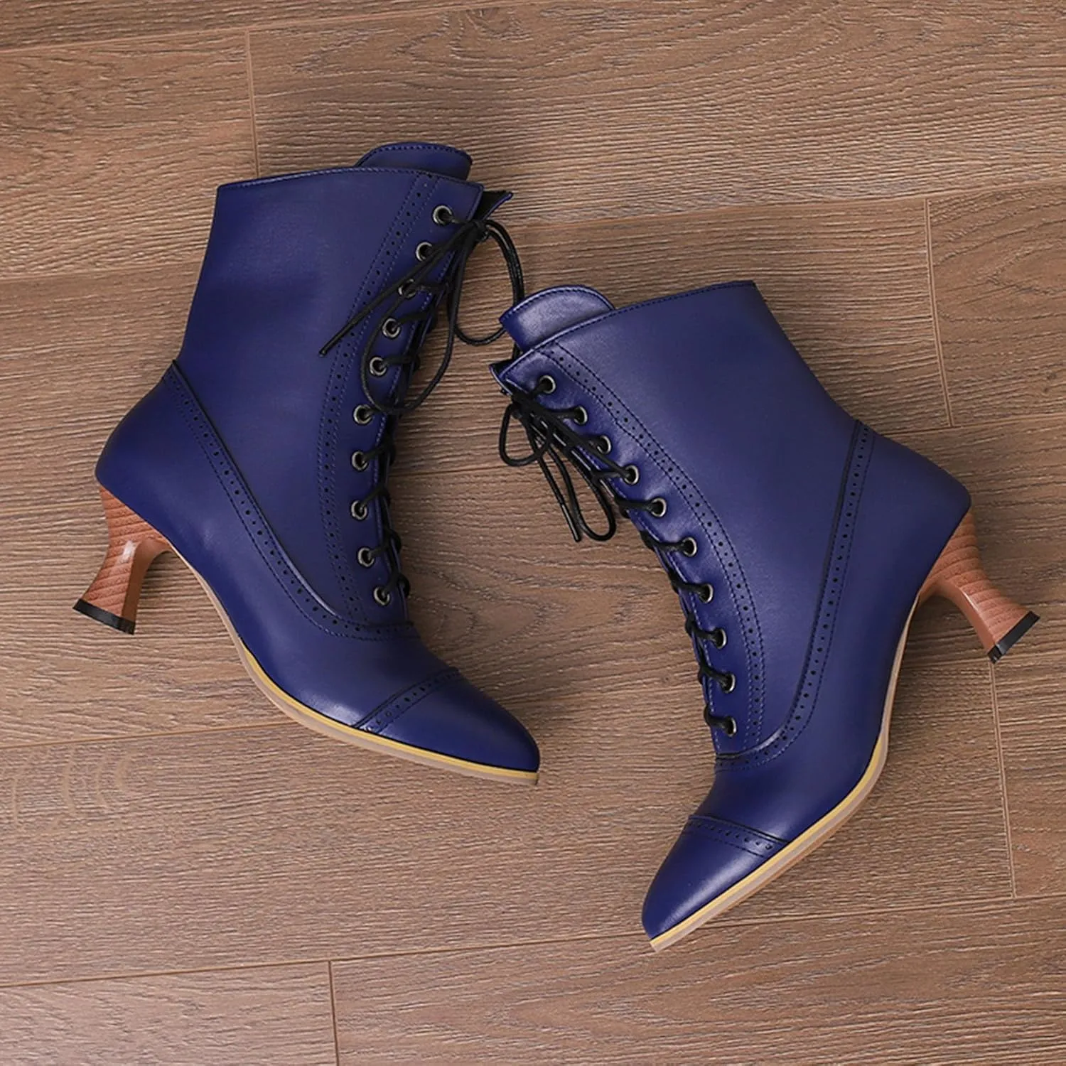 SHEMEE Kitten Heels Ankle Boots for Women Vintage Victorian Style Lace-Up Booties Mid Heels Zipper Shoes with Buckled