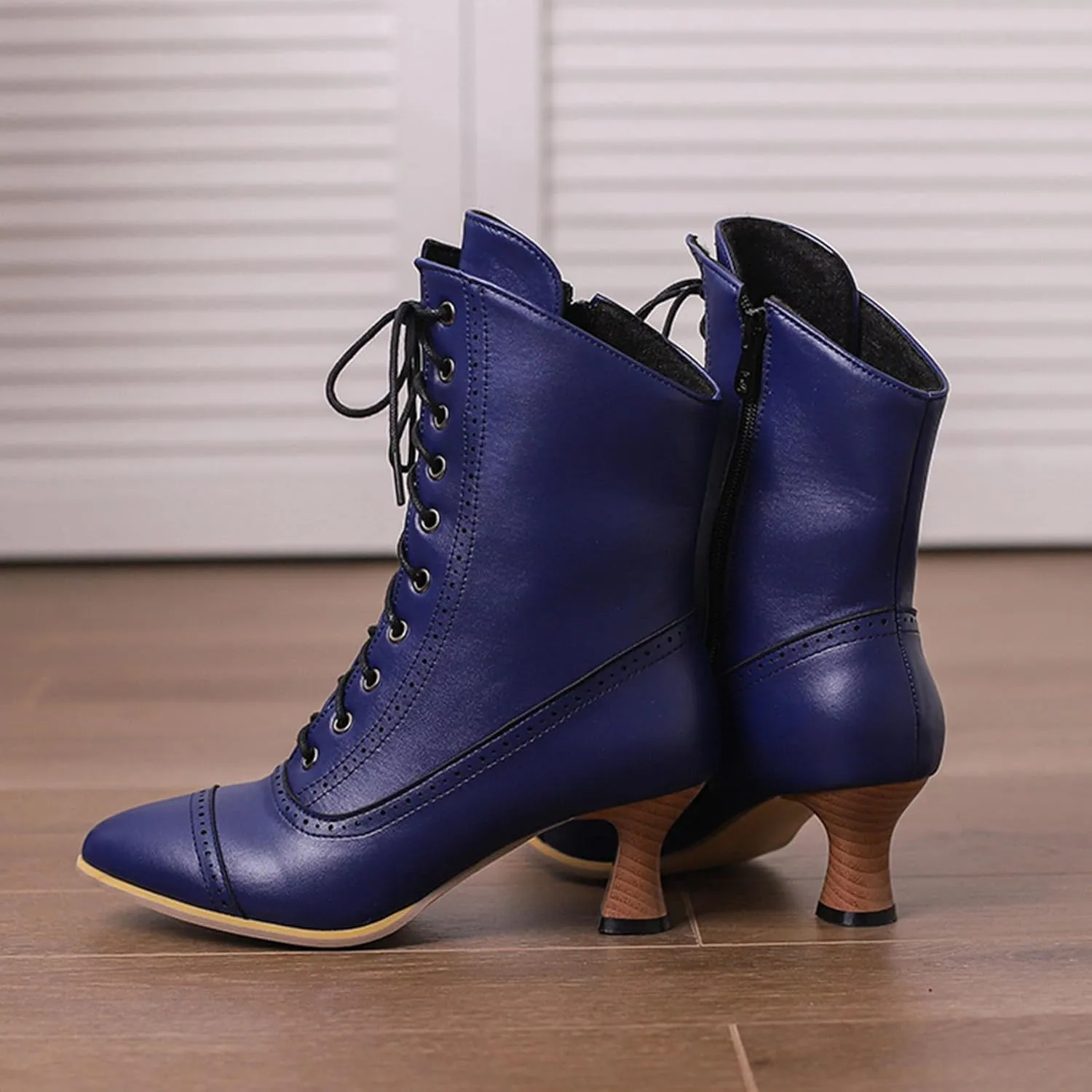 SHEMEE Kitten Heels Ankle Boots for Women Vintage Victorian Style Lace-Up Booties Mid Heels Zipper Shoes with Buckled