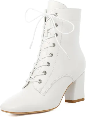 SHEMEE Women's Block Heels Ankle Booties Square Toe Chunky Heel Side Zipper Short Boots