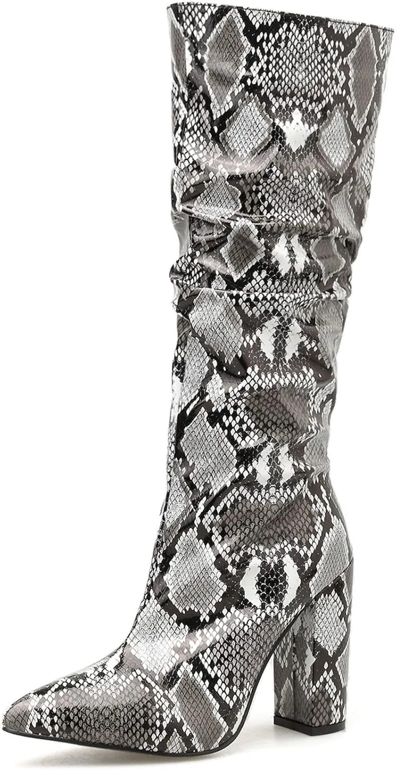 SHEMEE Women's Colorful Snakeskin Knee High Boot Chunky Block High Heels Snake Print Round Toe Zipper Slouch Shoes