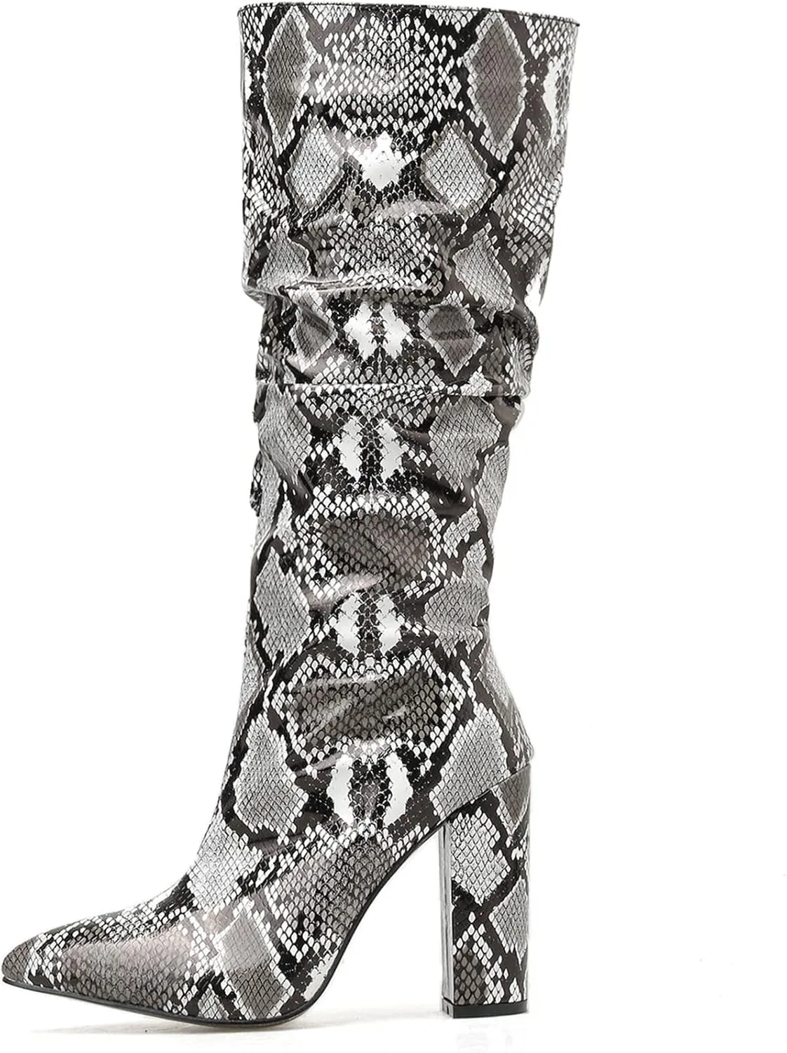 SHEMEE Women's Colorful Snakeskin Knee High Boot Chunky Block High Heels Snake Print Round Toe Zipper Slouch Shoes
