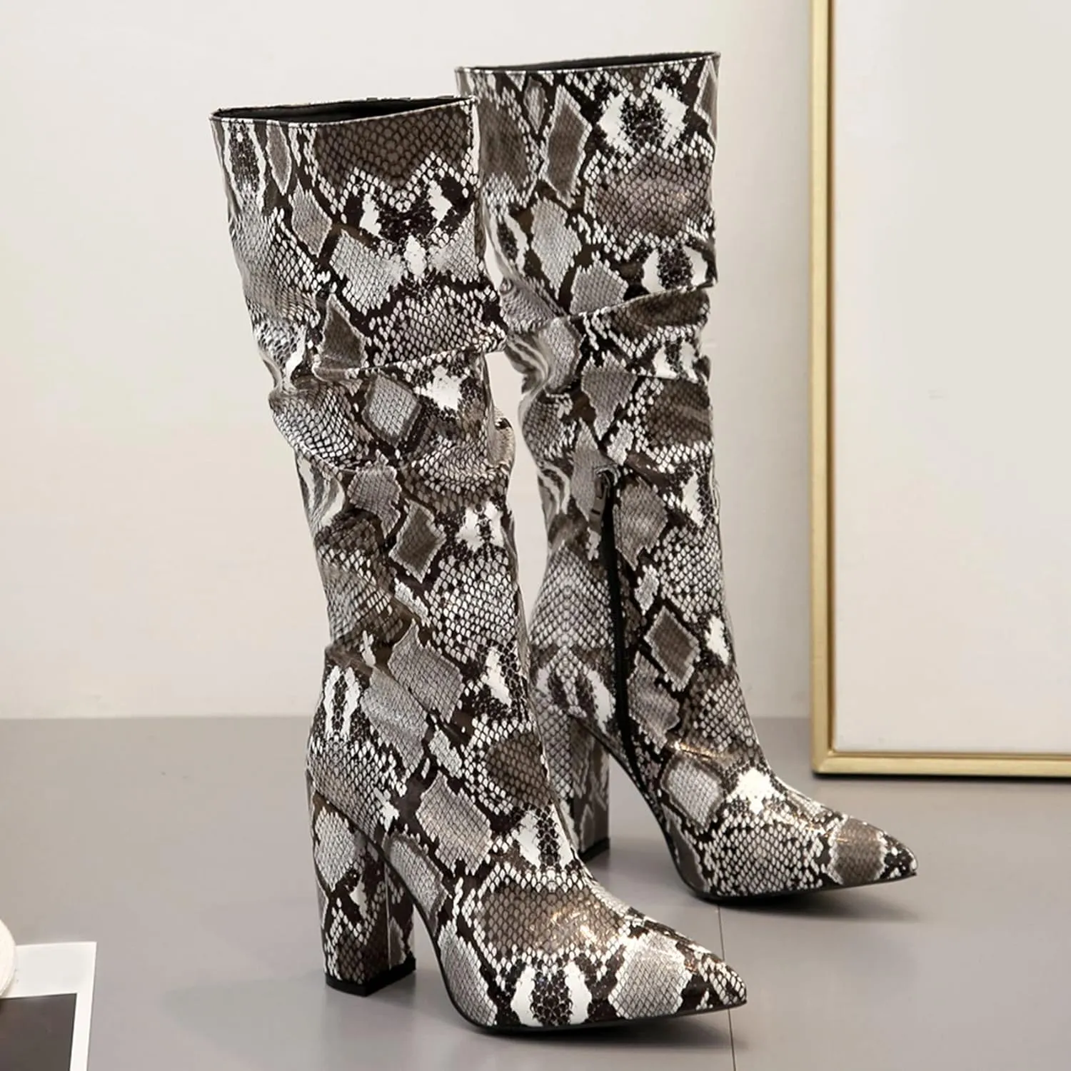 SHEMEE Women's Colorful Snakeskin Knee High Boot Chunky Block High Heels Snake Print Round Toe Zipper Slouch Shoes