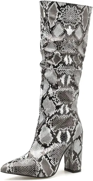 SHEMEE Women's Colorful Snakeskin Knee High Boot Chunky Block High Heels Snake Print Round Toe Zipper Slouch Shoes