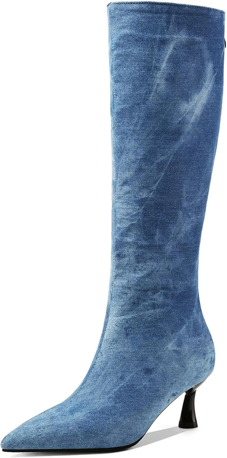 SHEMEE Women's Denim Knee High Boots Kitten Heels Pointed Toe Dress Jeans Mid-Calf Boots Zipper Tall Boots