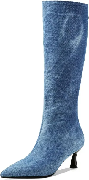 SHEMEE Women's Denim Knee High Boots Kitten Heels Pointed Toe Dress Jeans Mid-Calf Boots Zipper Tall Boots