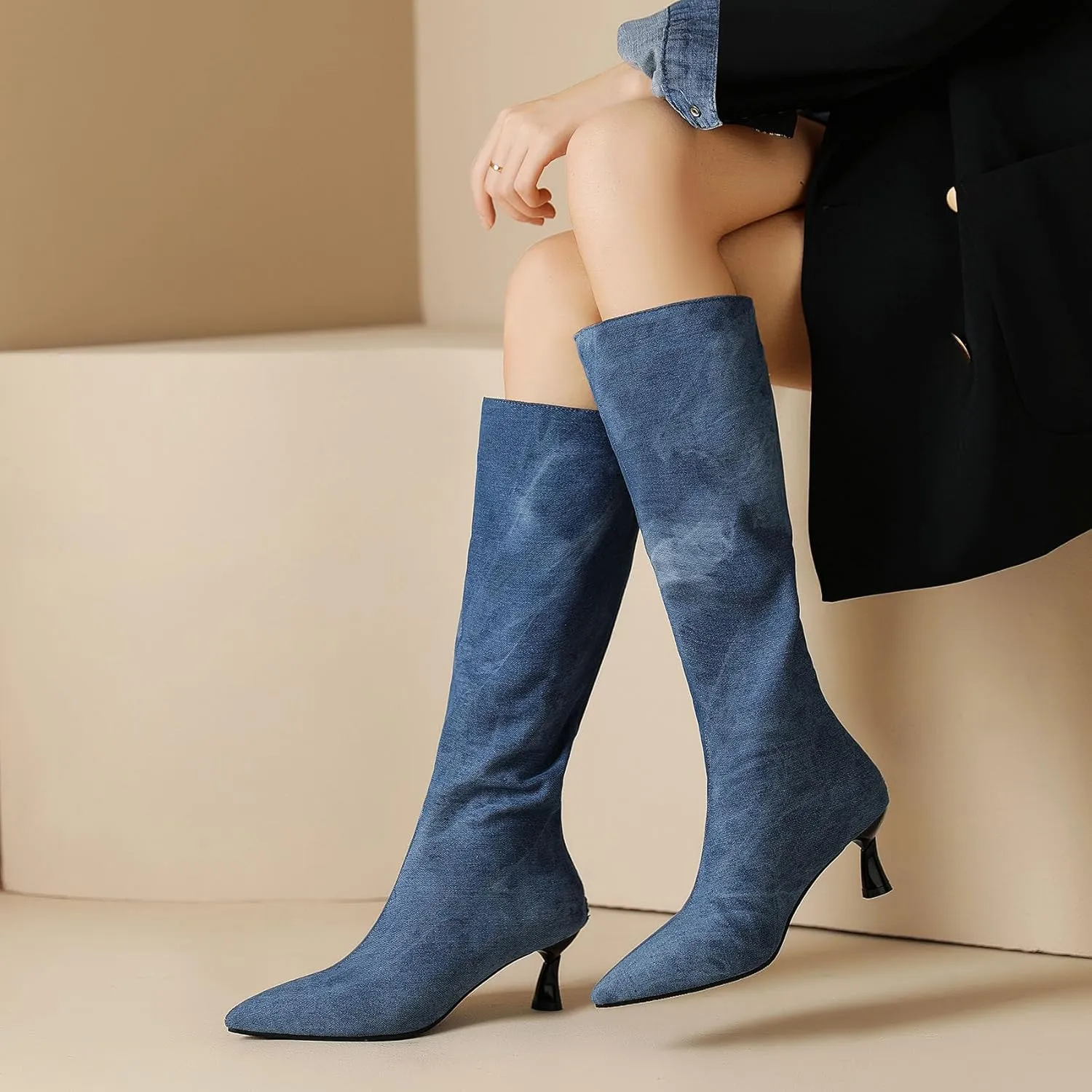 SHEMEE Women's Denim Knee High Boots Kitten Heels Pointed Toe Dress Jeans Mid-Calf Boots Zipper Tall Boots
