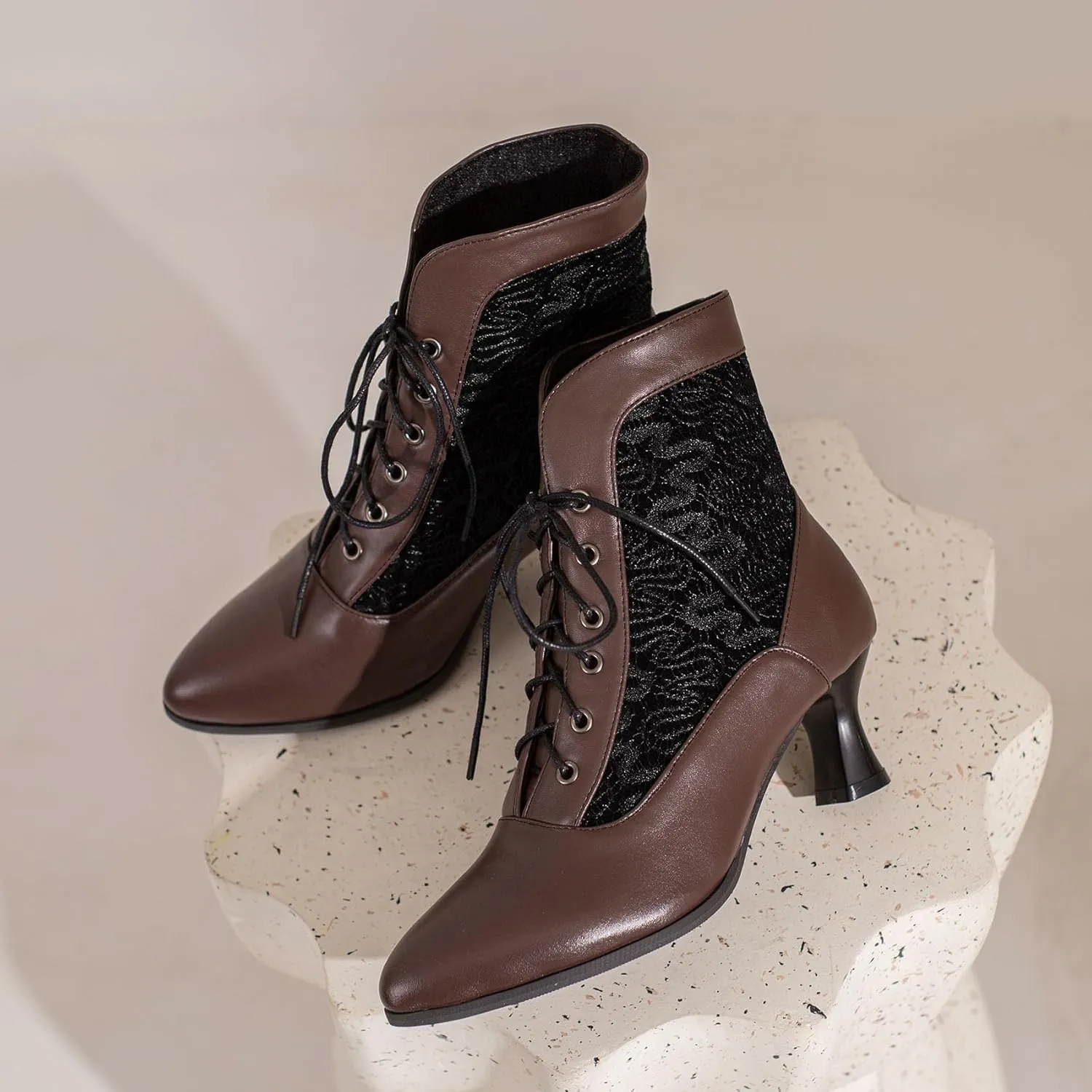 SHEMEE Women's Lace Victorian Booties Chunky Kitten Heels Ankle Boots Vintage Lacing Cosplay Witch Short Boots Mid Heel