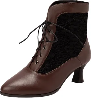 SHEMEE Women's Lace Victorian Booties Chunky Kitten Heels Ankle Boots Vintage Lacing Cosplay Witch Short Boots Mid Heel