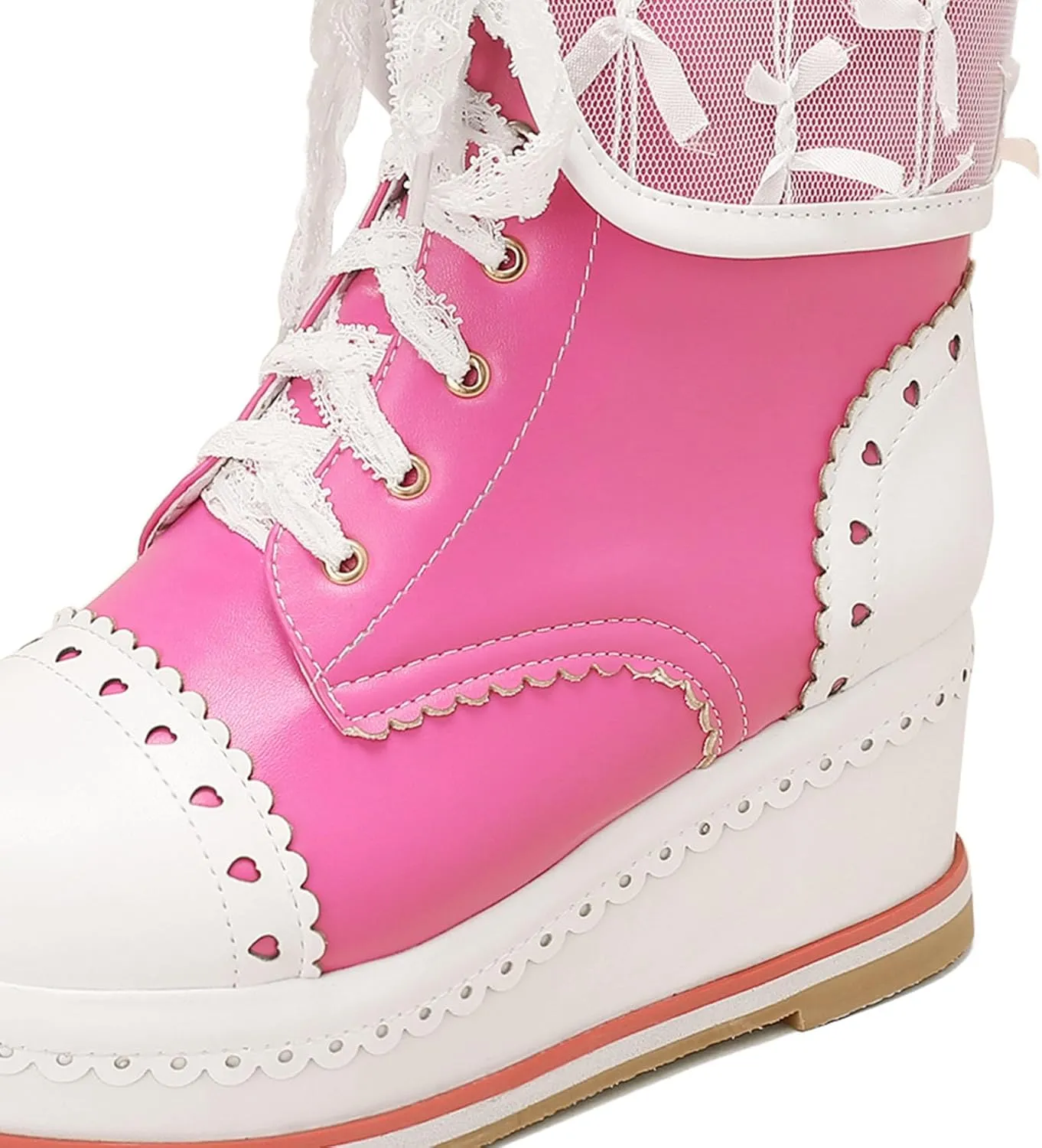 SHEMEE Women's Sweet Cute Platform Hidden Wedge Ankle Boots Lace Up High Heels Round Toe Booties Side Zip Kawaii Shoes