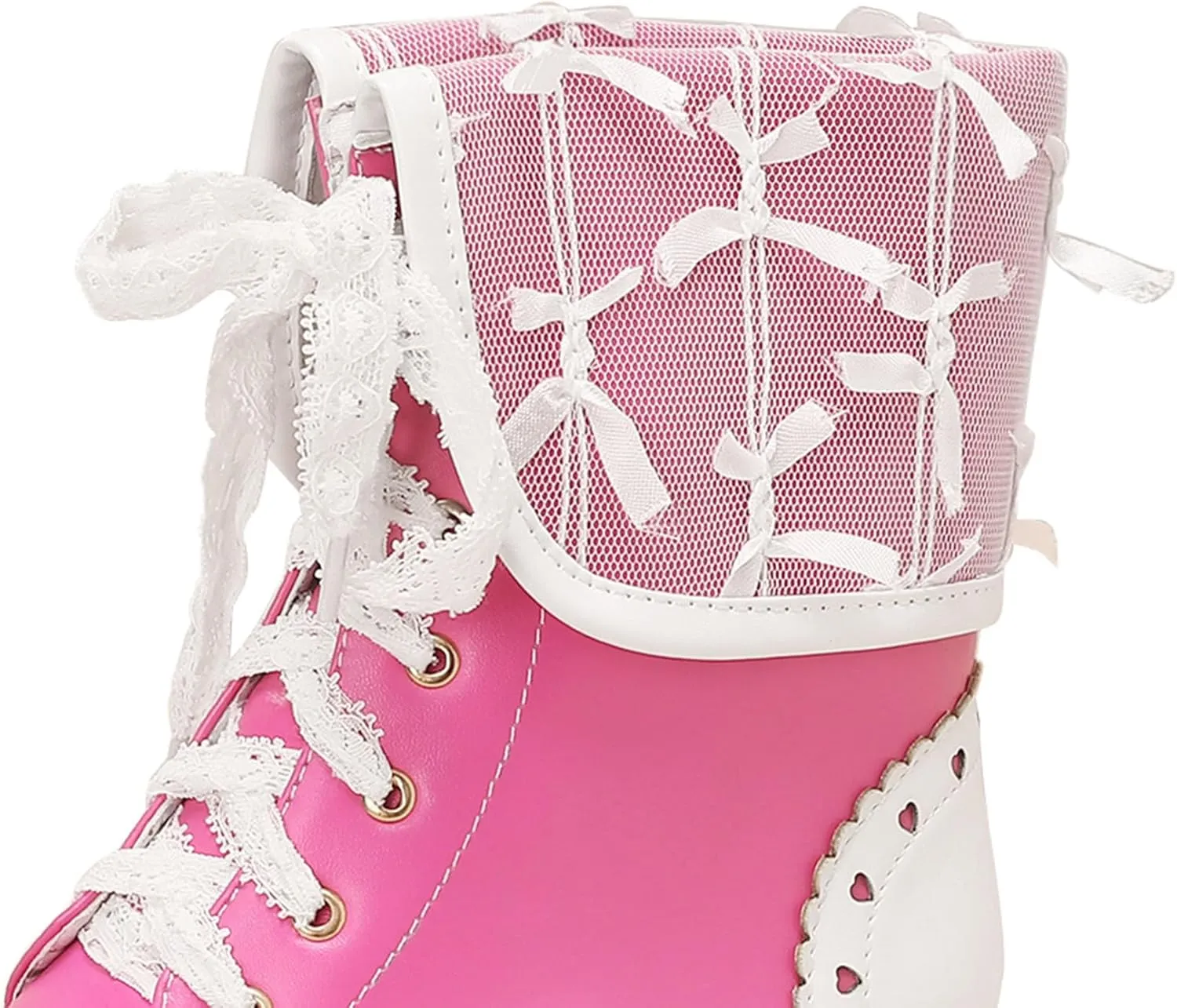 SHEMEE Women's Sweet Cute Platform Hidden Wedge Ankle Boots Lace Up High Heels Round Toe Booties Side Zip Kawaii Shoes
