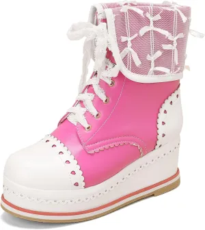 SHEMEE Women's Sweet Cute Platform Hidden Wedge Ankle Boots Lace Up High Heels Round Toe Booties Side Zip Kawaii Shoes