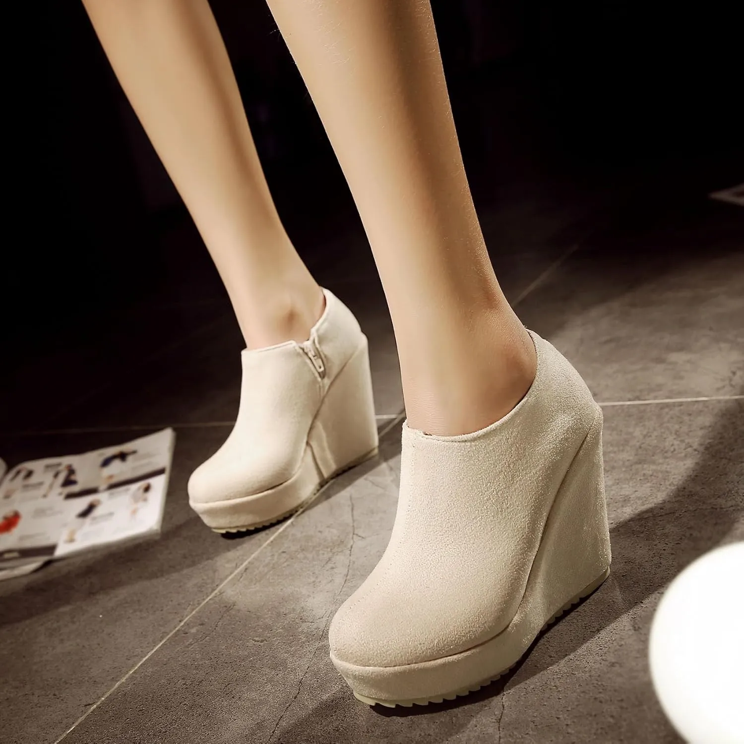 SHEMEE Women's Wedge Heels Ankle Boots High Heeled Platform Pumps Round Toe Zip Up Short Booties Office Party Dress Shoes