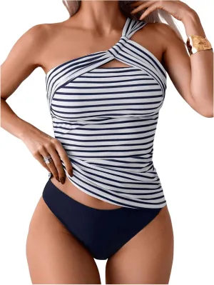 SHENHE Women's Striped Tankini Set One Shoulder Cut Out Swimwear Low Rise 2 Piece Swimsuits