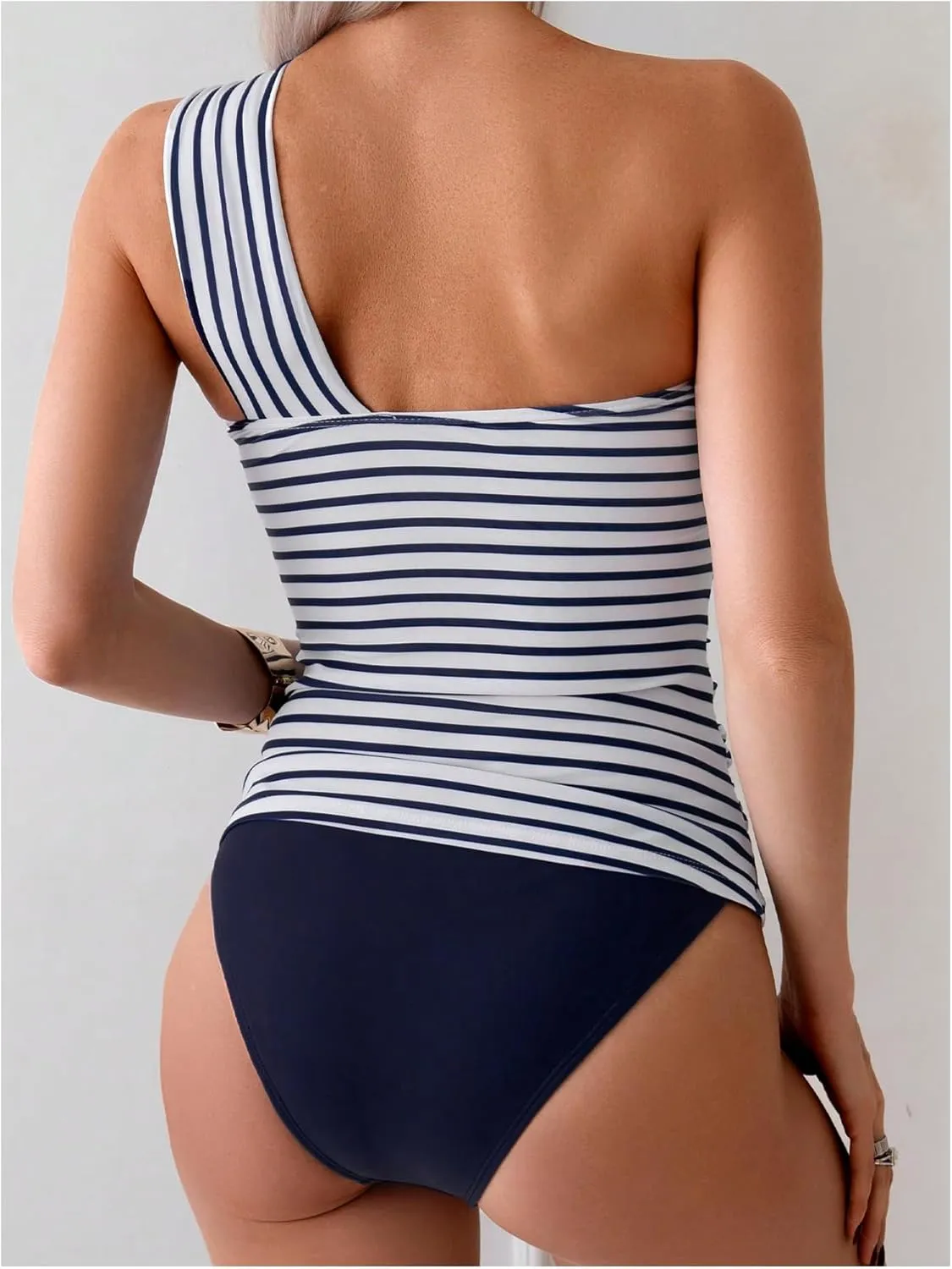 SHENHE Women's Striped Tankini Set One Shoulder Cut Out Swimwear Low Rise 2 Piece Swimsuits