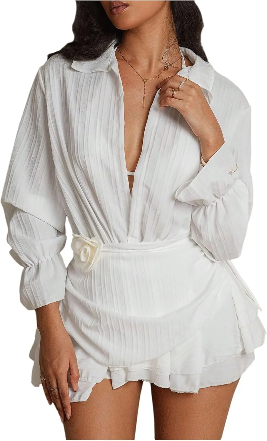 SHENHE Women's Swimsuit Cover Up Long Sleeve Deep V Layered Ruffle Beach Dress Coverups