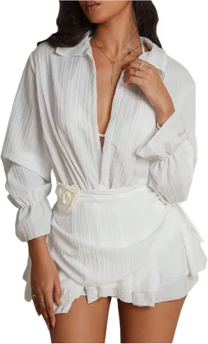 SHENHE Women's Swimsuit Cover Up Long Sleeve Deep V Layered Ruffle Beach Dress Coverups