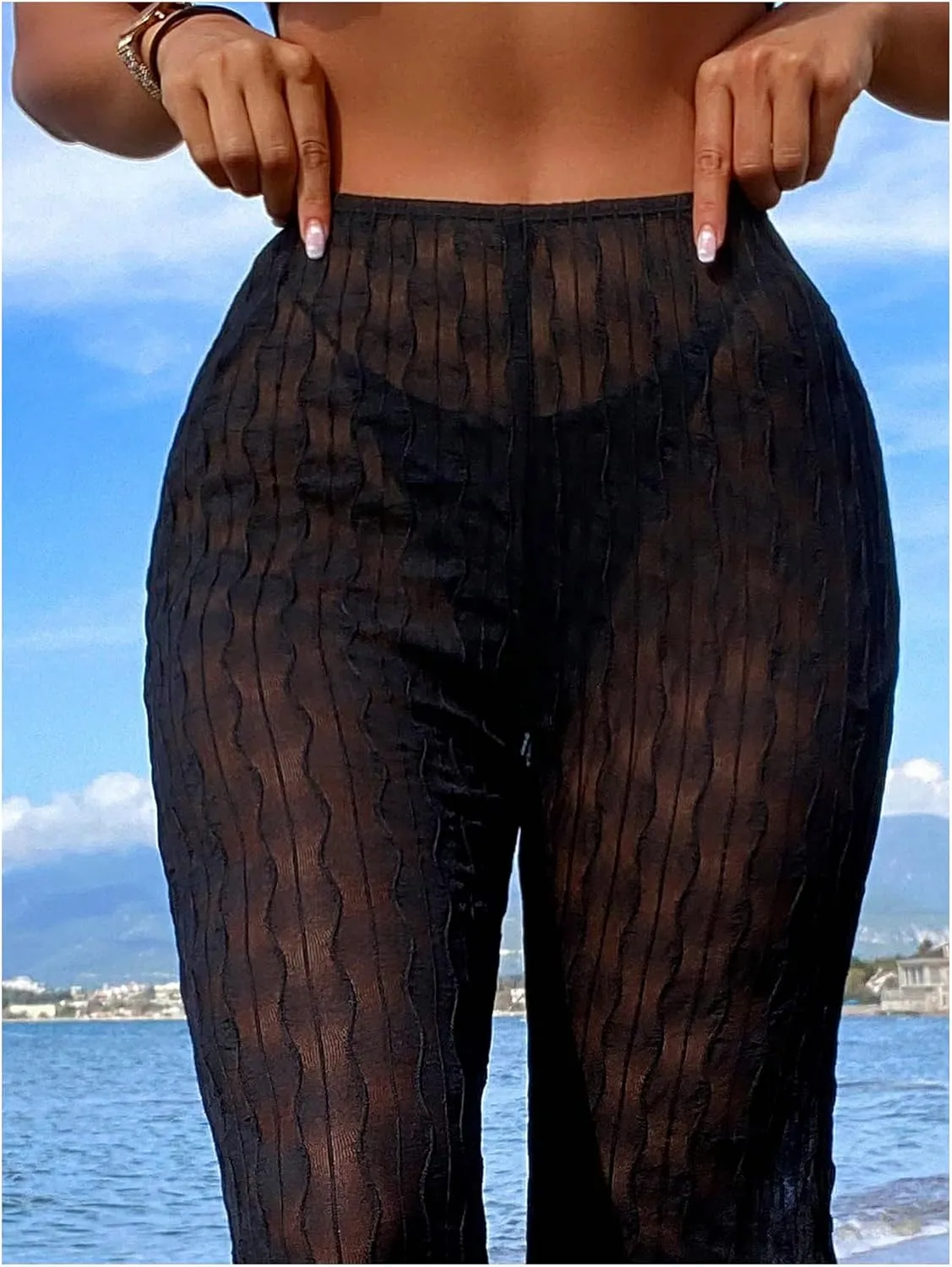 SHENHE Women's Textured Cover Up Pants Mesh Sheer Bell Bottom Beach Pants Swimwear