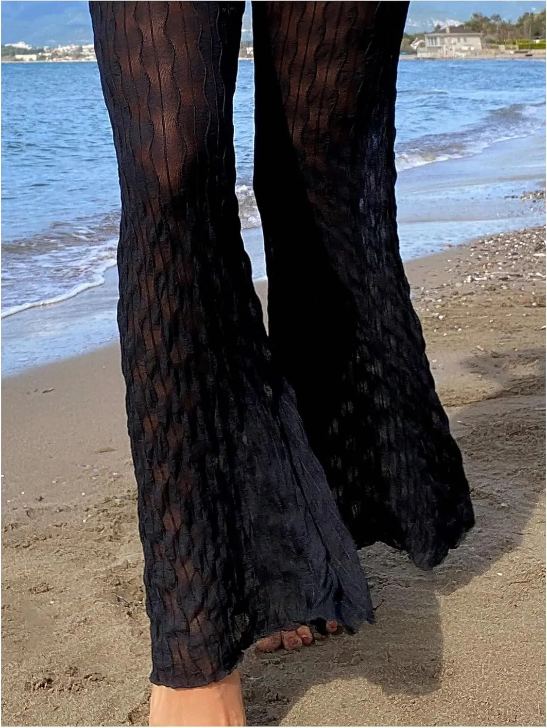SHENHE Women's Textured Cover Up Pants Mesh Sheer Bell Bottom Beach Pants Swimwear