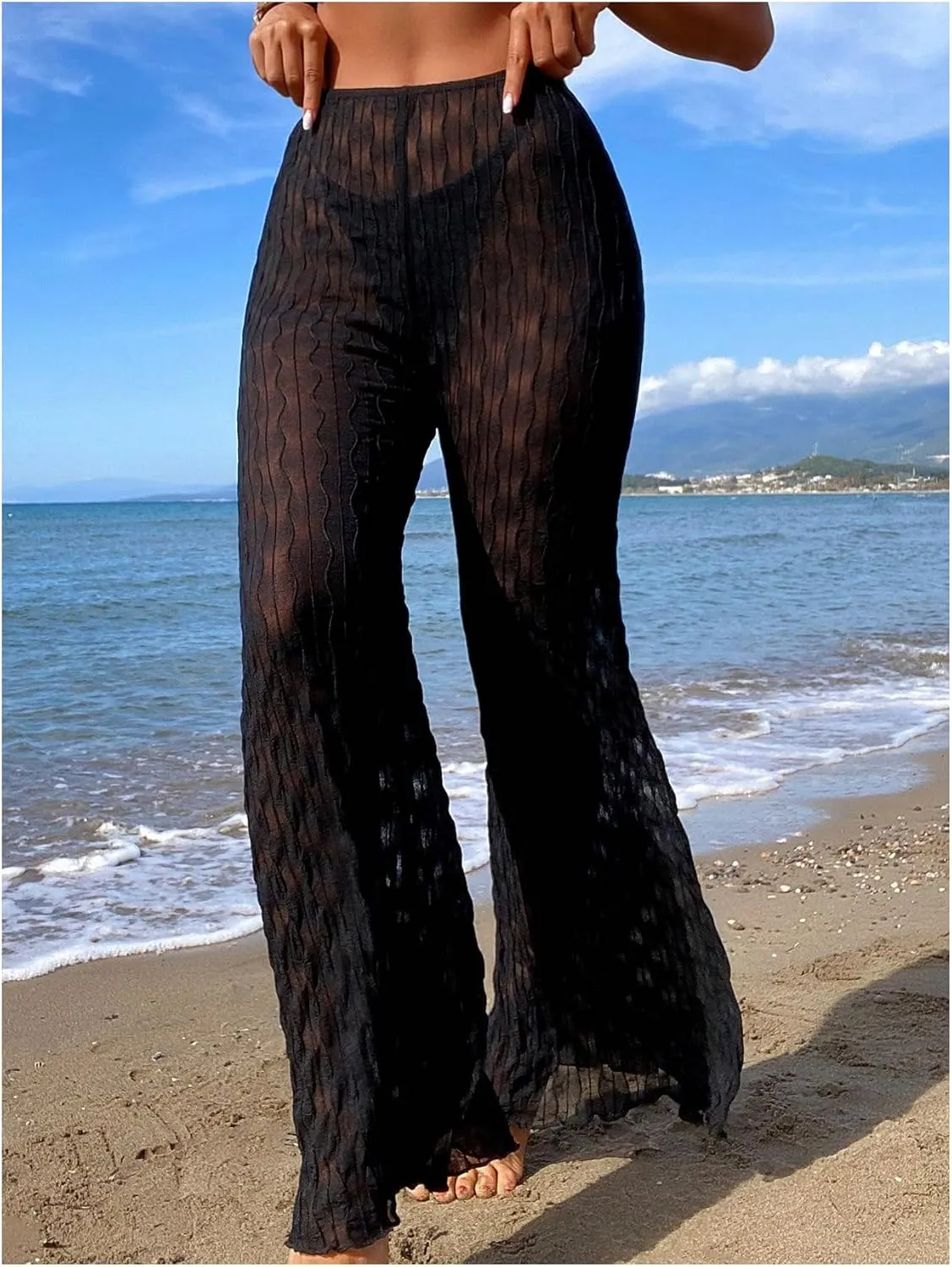 SHENHE Women's Textured Cover Up Pants Mesh Sheer Bell Bottom Beach Pants Swimwear