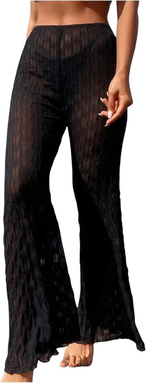SHENHE Women's Textured Cover Up Pants Mesh Sheer Bell Bottom Beach Pants Swimwear