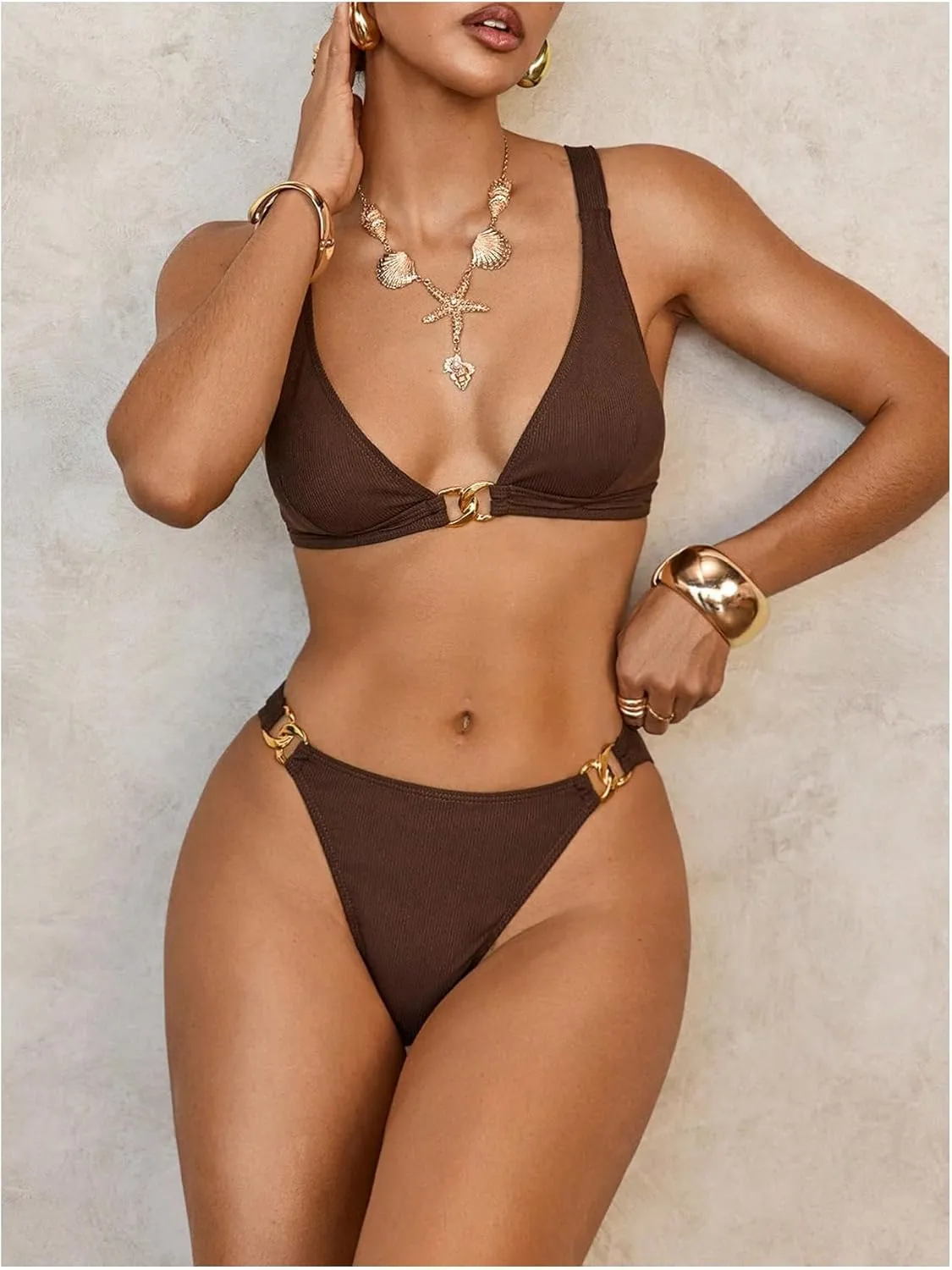 SHENHE Women's Two Piece Ribbed Bikini Set Metal Ring High Cut Swimsuit Bathing Suits