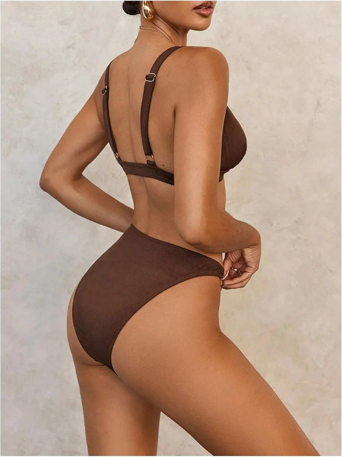 SHENHE Women's Two Piece Ribbed Bikini Set Metal Ring High Cut Swimsuit Bathing Suits