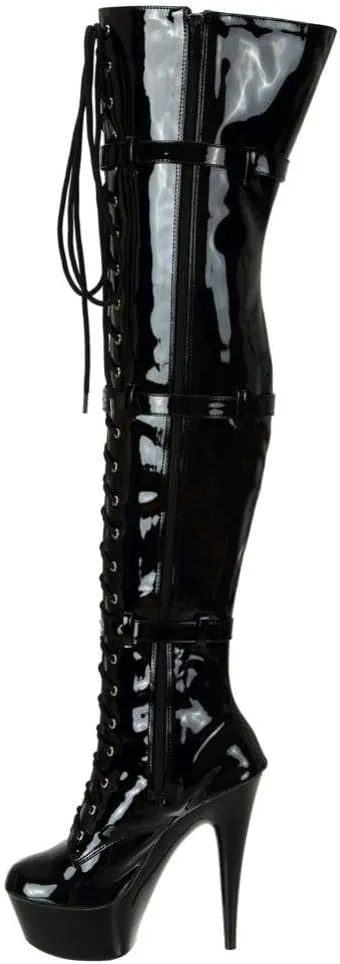 SheSole Ladies Patent Leather Thigh High 15CM Stiletto Heel Dancer Boots with Zipper Lace Up Club Party Cosplay Shoes