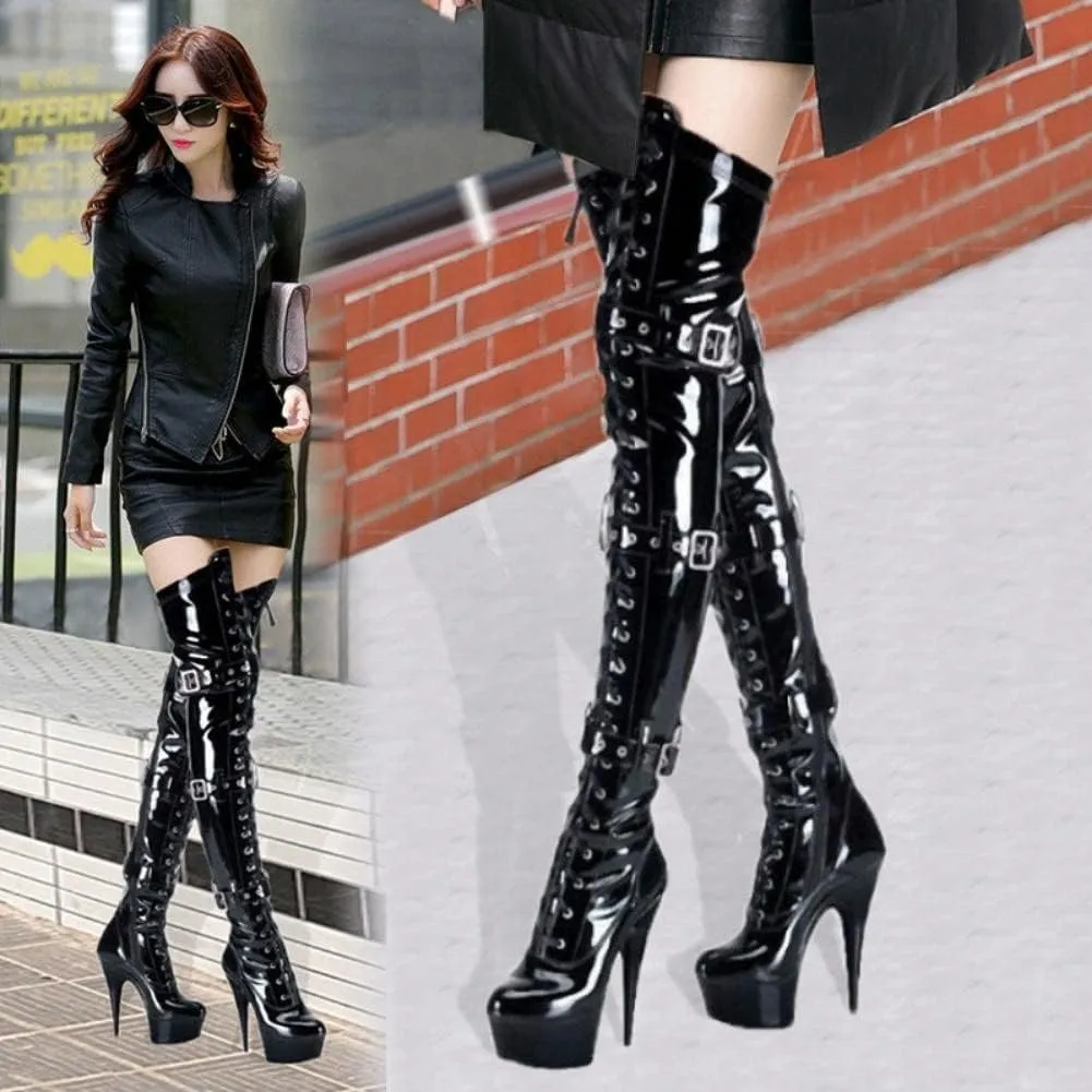 SheSole Ladies Patent Leather Thigh High 15CM Stiletto Heel Dancer Boots with Zipper Lace Up Club Party Cosplay Shoes