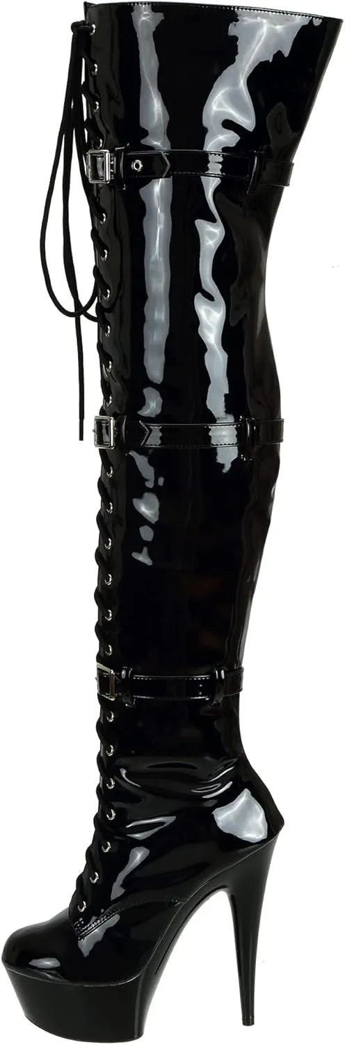 SheSole Ladies Patent Leather Thigh High 15CM Stiletto Heel Dancer Boots with Zipper Lace Up Club Party Cosplay Shoes