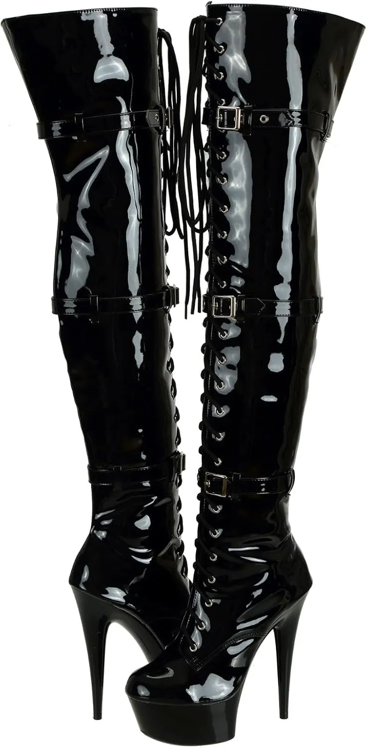 SheSole Ladies Patent Leather Thigh High 15CM Stiletto Heel Dancer Boots with Zipper Lace Up Club Party Cosplay Shoes