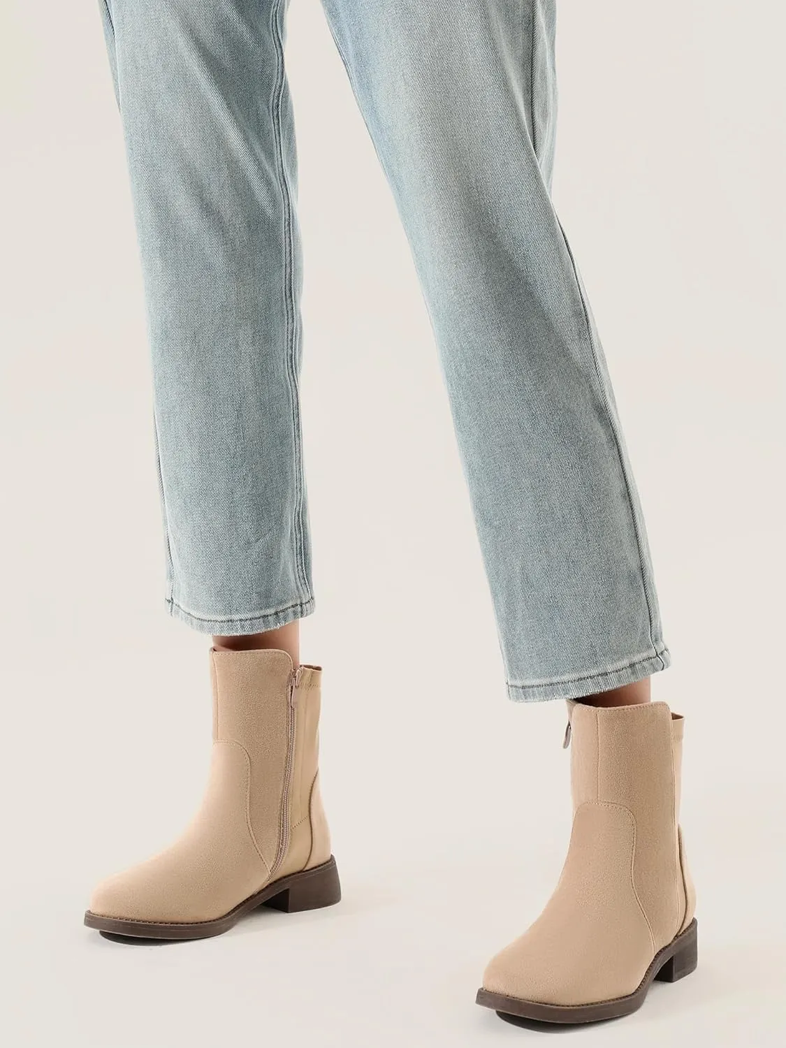 Shoe'N Tale Ankle Boots for Women Low Chunky Round Toe Short Boots Block Heel Booties Side Zipper