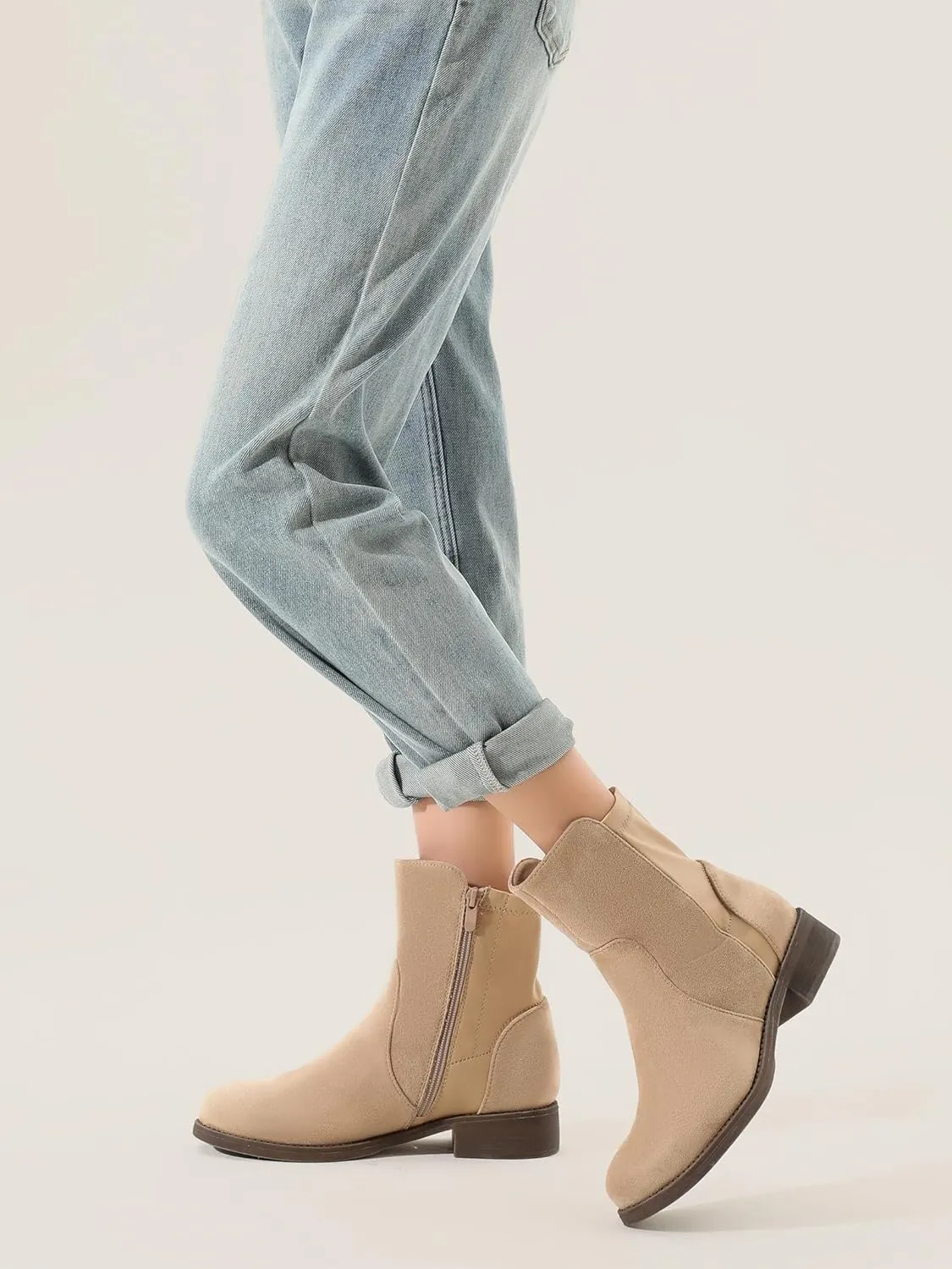 Shoe'N Tale Ankle Boots for Women Low Chunky Round Toe Short Boots Block Heel Booties Side Zipper