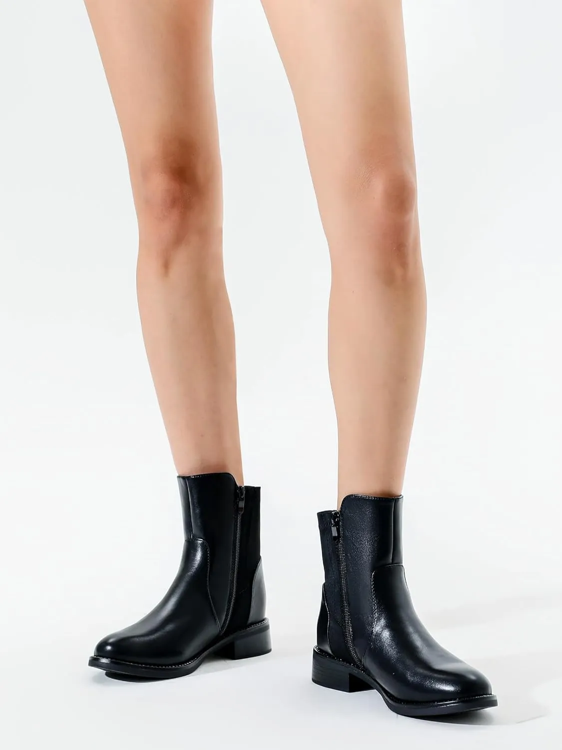 Shoe'N Tale Ankle Boots for Women Low Chunky Round Toe Short Boots Block Heel Booties Side Zipper