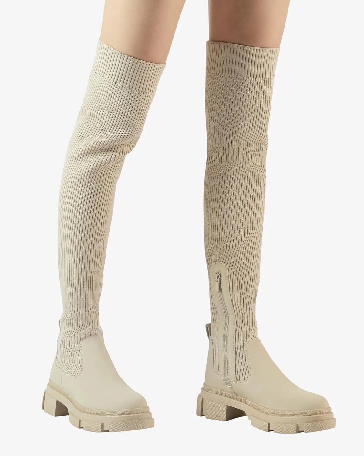 Shoe'N Tale Thigh High Knit Sock Boots Round Toe Mid Chunky Heel Stretch Over the Knee Boots for Women