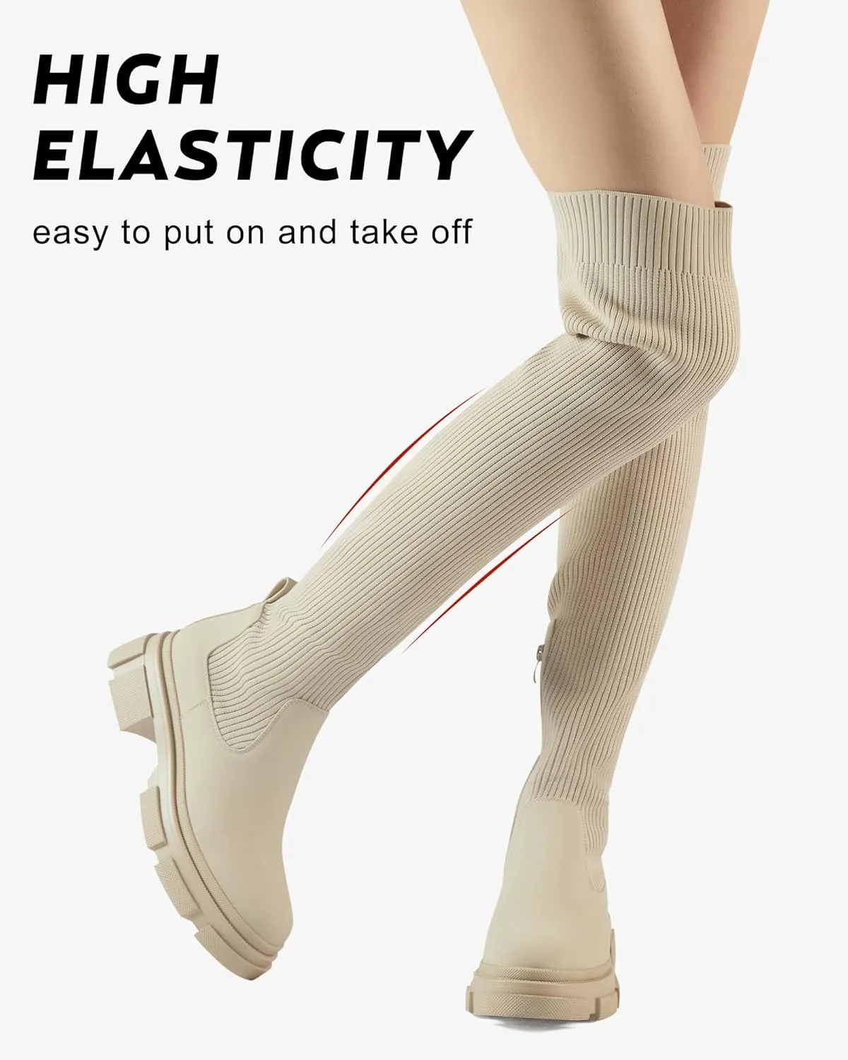 Shoe'N Tale Thigh High Knit Sock Boots Round Toe Mid Chunky Heel Stretch Over the Knee Boots for Women