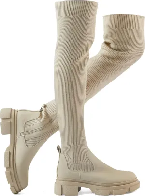 Shoe'N Tale Thigh High Knit Sock Boots Round Toe Mid Chunky Heel Stretch Over the Knee Boots for Women
