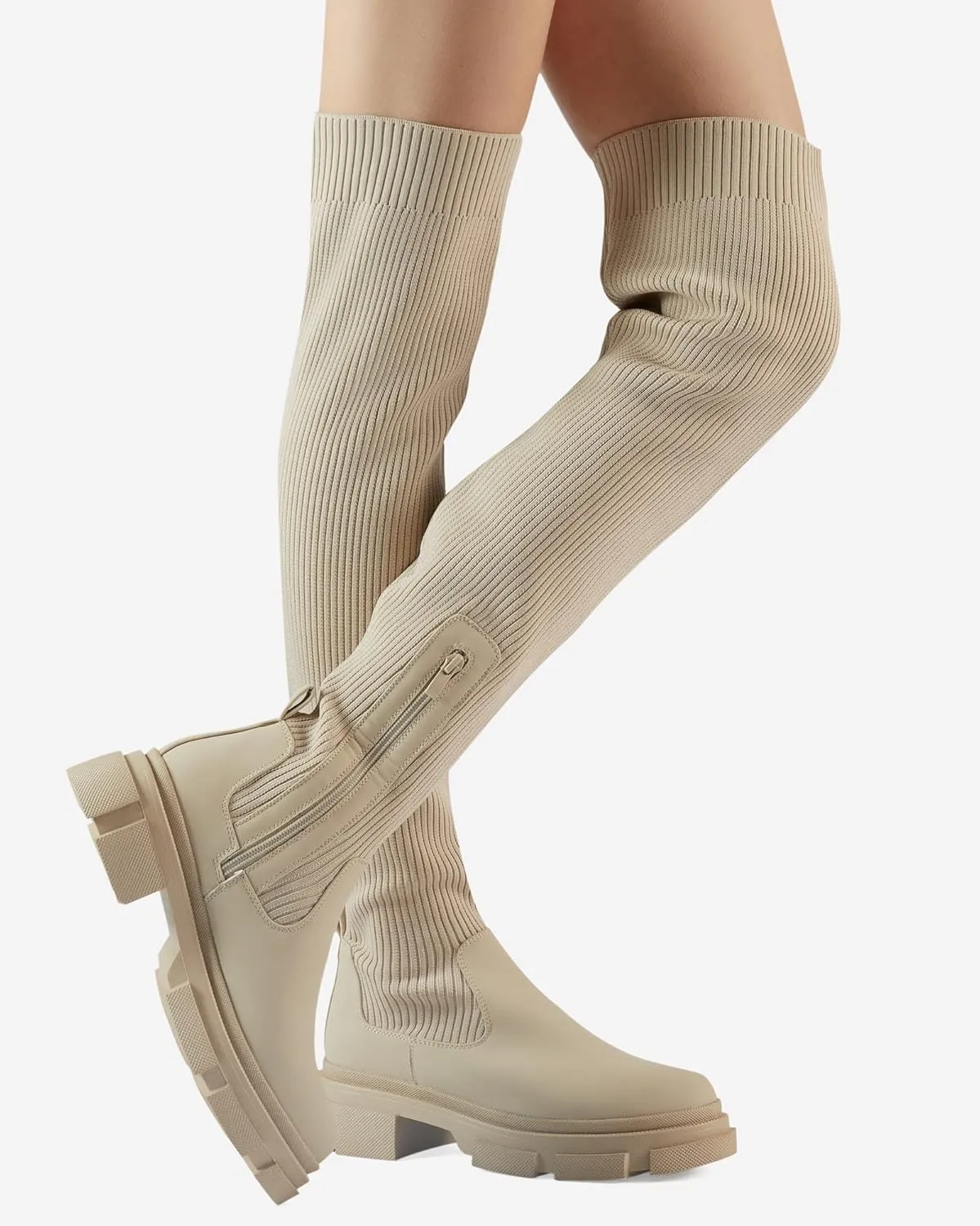 Shoe'N Tale Thigh High Knit Sock Boots Round Toe Mid Chunky Heel Stretch Over the Knee Boots for Women