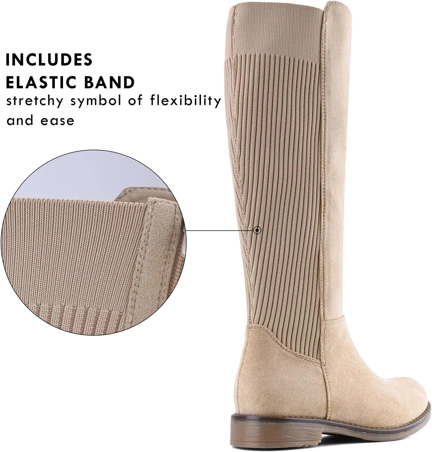 Shoe'N Tale Women's Knee High Boots Flat Low Heel Stretchy Round Toe with Side Zipper