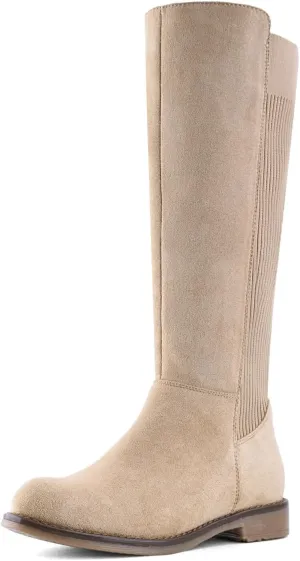 Shoe'N Tale Women's Knee High Boots Flat Low Heel Stretchy Round Toe with Side Zipper