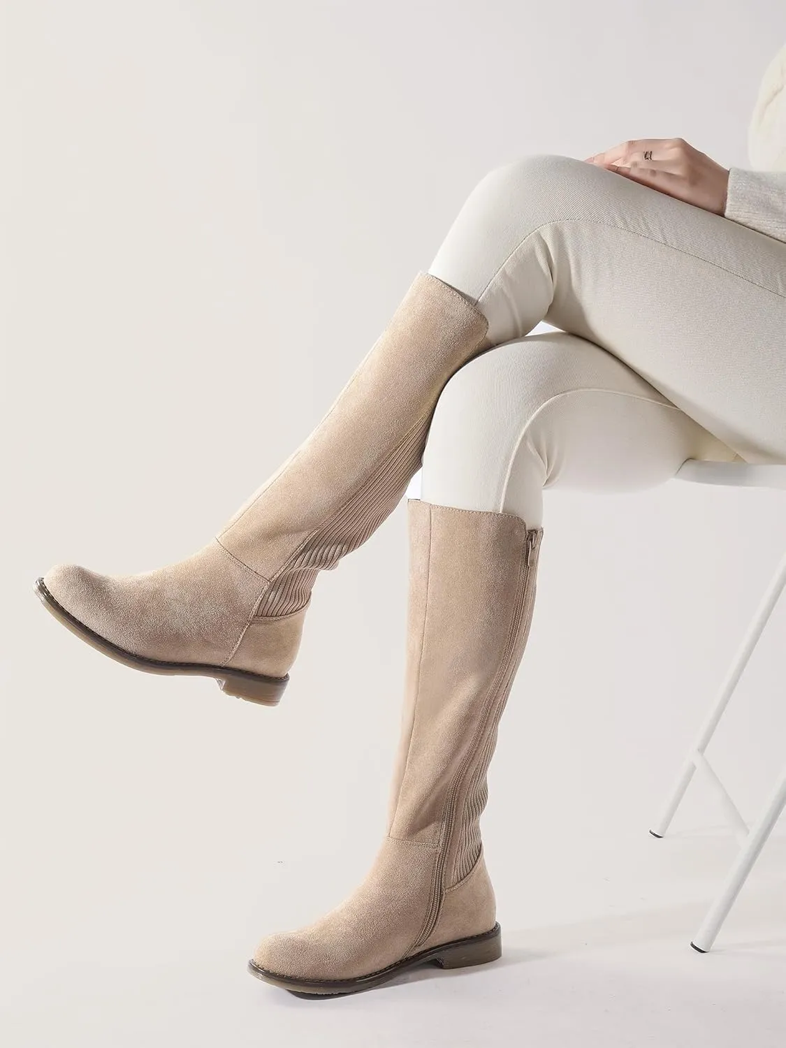 Shoe'N Tale Women's Knee High Boots Flat Low Heel Stretchy Round Toe with Side Zipper