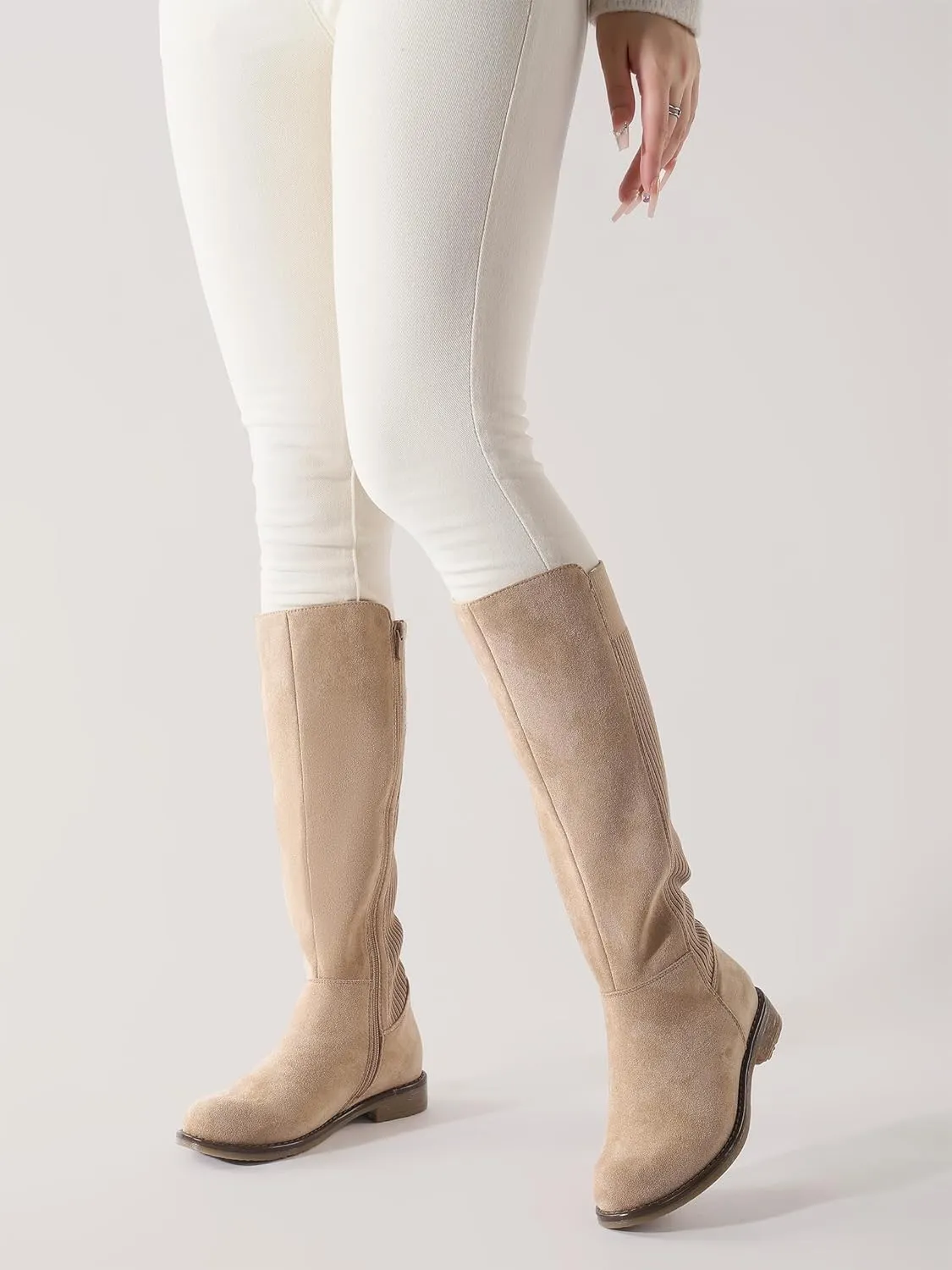 Shoe'N Tale Women's Knee High Boots Flat Low Heel Stretchy Round Toe with Side Zipper