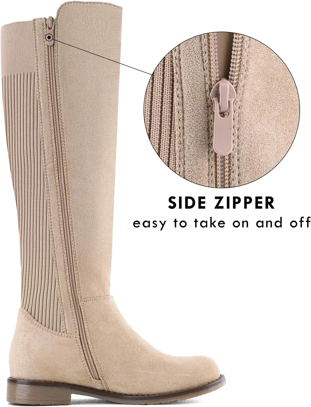 Shoe'N Tale Women's Knee High Boots Flat Low Heel Stretchy Round Toe with Side Zipper