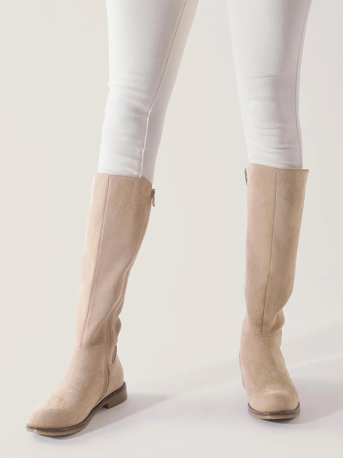 Shoe'N Tale Women's Knee High Boots Flat Low Heel Stretchy Round Toe with Side Zipper